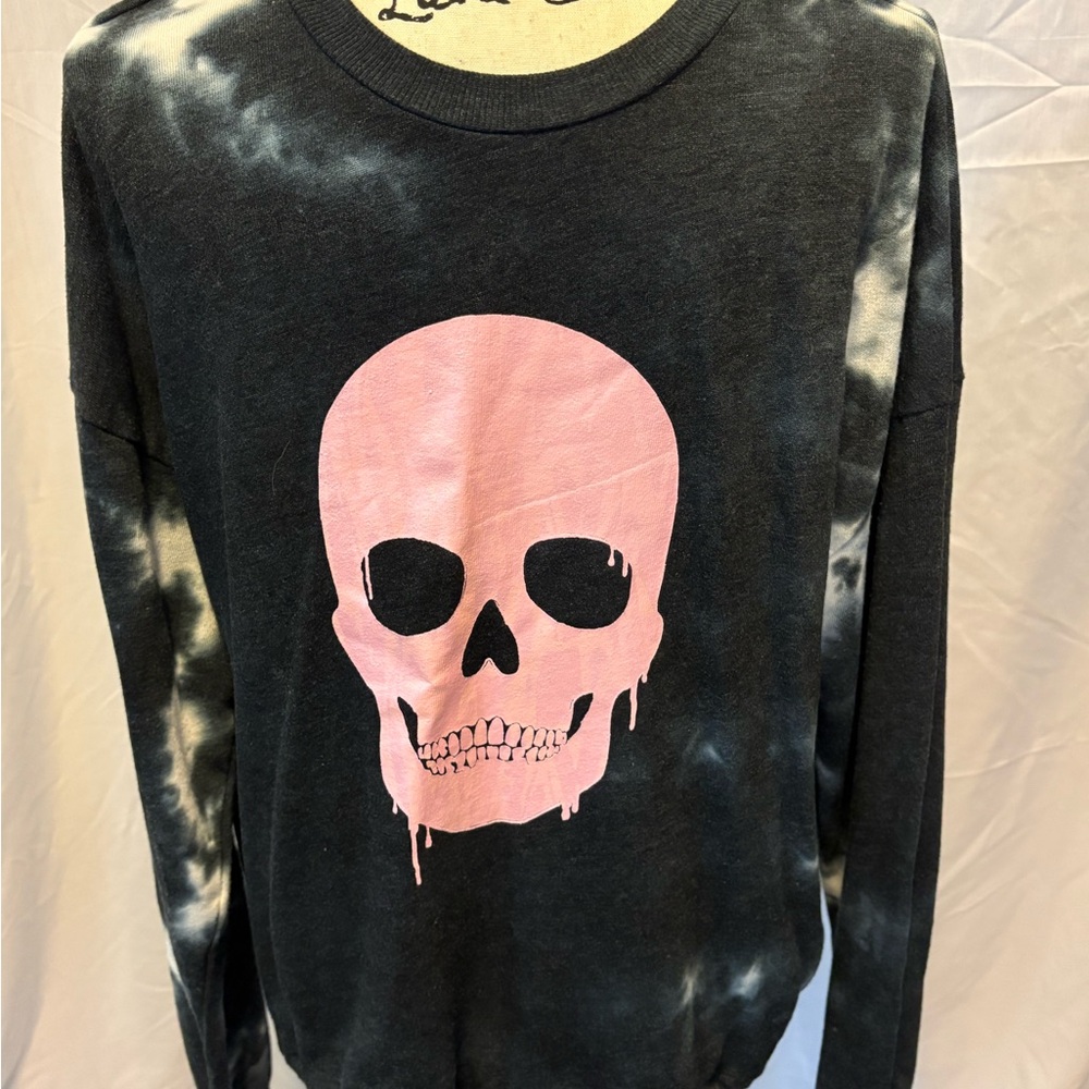 Black Tie-Dye Sweatshirt with Pink Skull Graphic